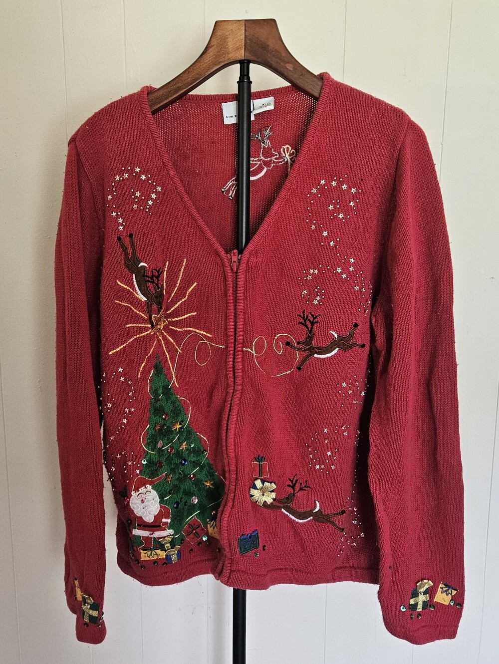 Kim Rogers Red V-Neck Christmas Zip Sweater Size XL